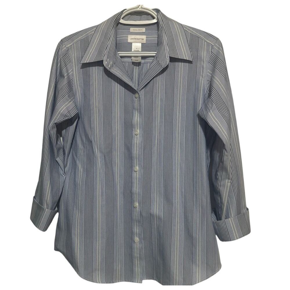 Liz Claiborne Women's Blue Purple Pin‎ Stripe Button Front Long Sleeve Size 4